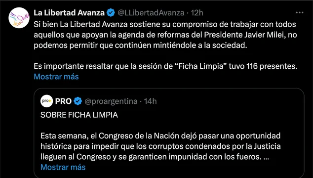  Quiebre entre Javier Milei y Mauricio Macri en redes sociales por el no tratamiento de la «Ficha Limpia»